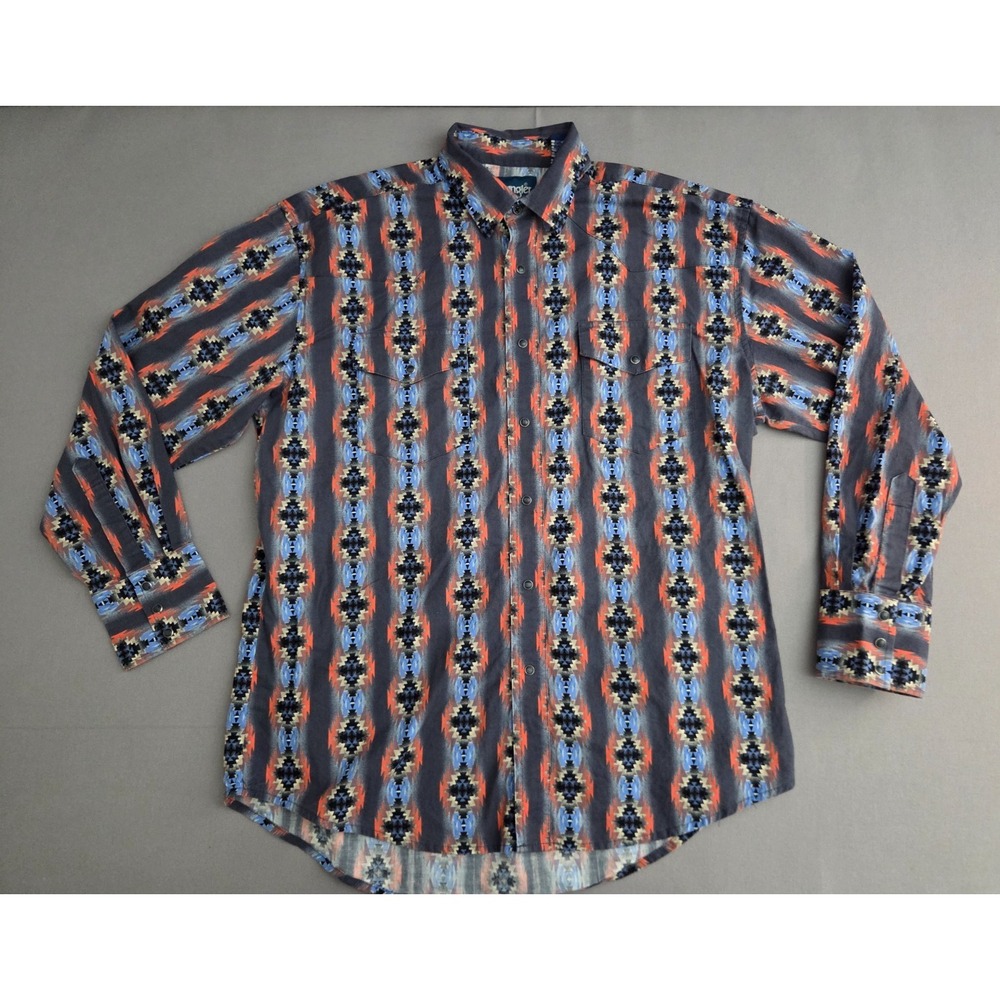 Wrangler Shirt Mens Large Blue Red Checotah Aztec Print Western Pearl Snap
